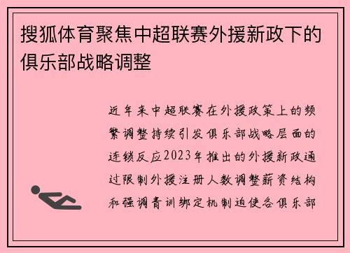 搜狐体育聚焦中超联赛外援新政下的俱乐部战略调整