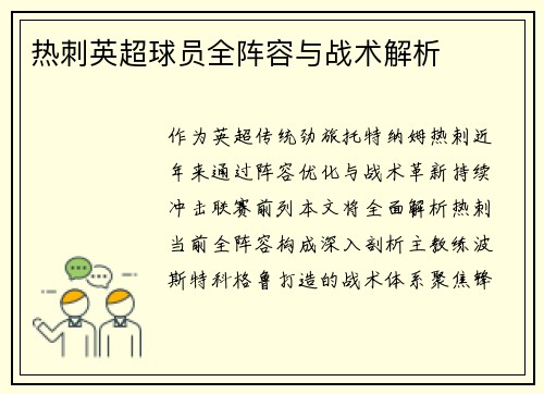 热刺英超球员全阵容与战术解析